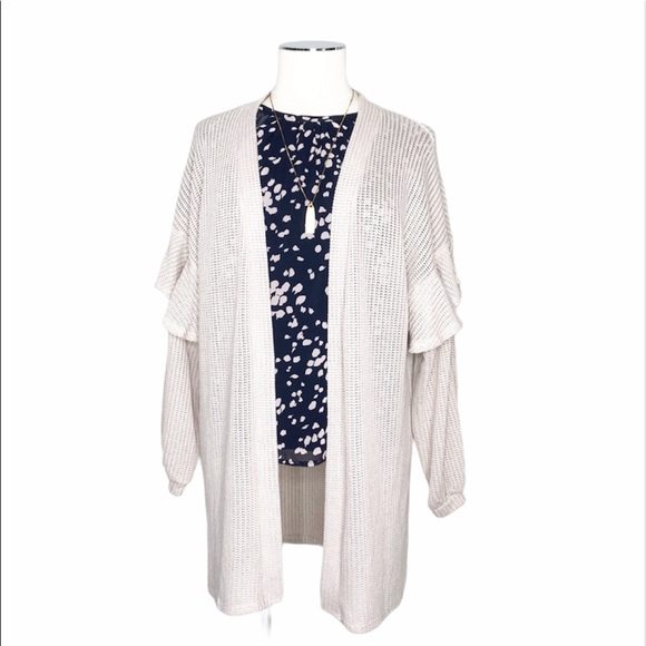 New POTTER’S POT Ruffle Sleeve Open Knit Long Cardigan Oatmeal Cream Sz L - Picture 1 of 8
